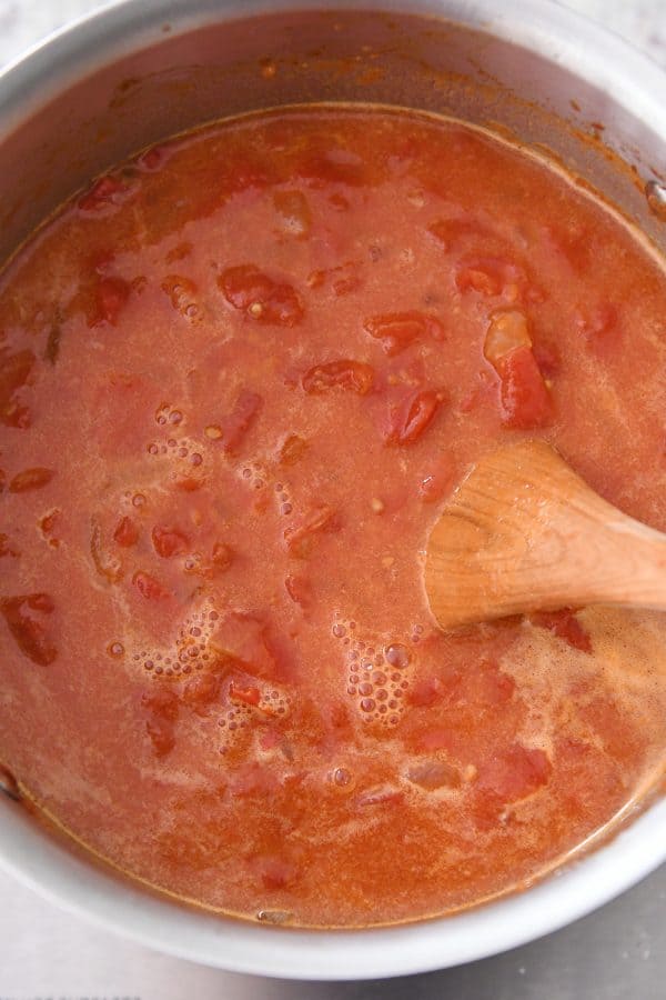 Hervir sopa de tomate en una olla