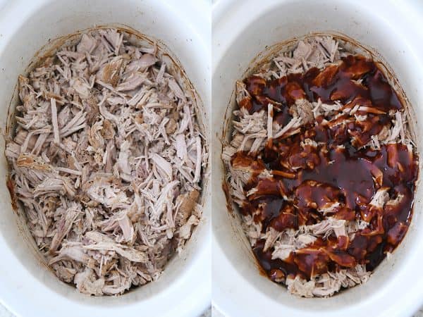 Cerdo desmenuzado en olla de cocción lenta con salsa BBQ