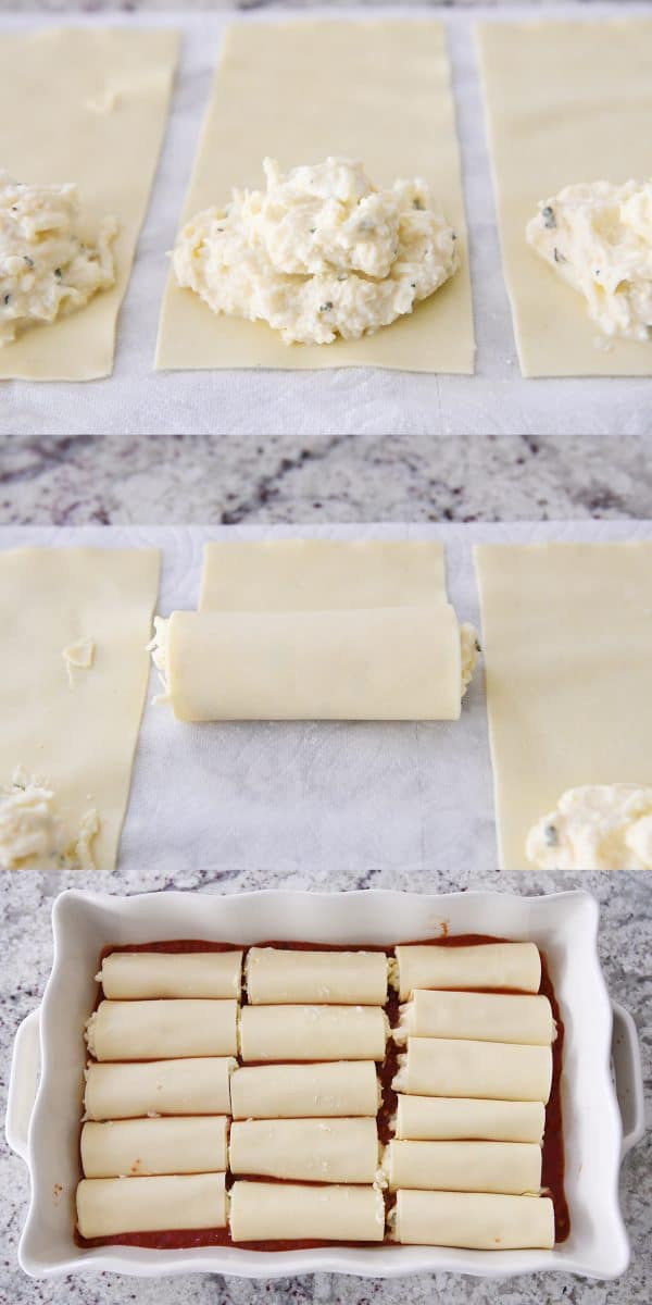 Enrolle las cáscaras de manicotti con relleno de queso ricotta