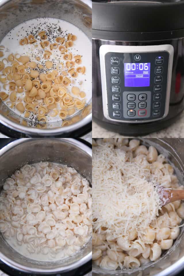 Agregue las cáscaras de pasta a la leche en la olla a presión, ajuste el tiempo en la olla a seis minutos, cocine la pasta en la olla a presión y agregue el queso parmesano a la pasta en la olla a presión