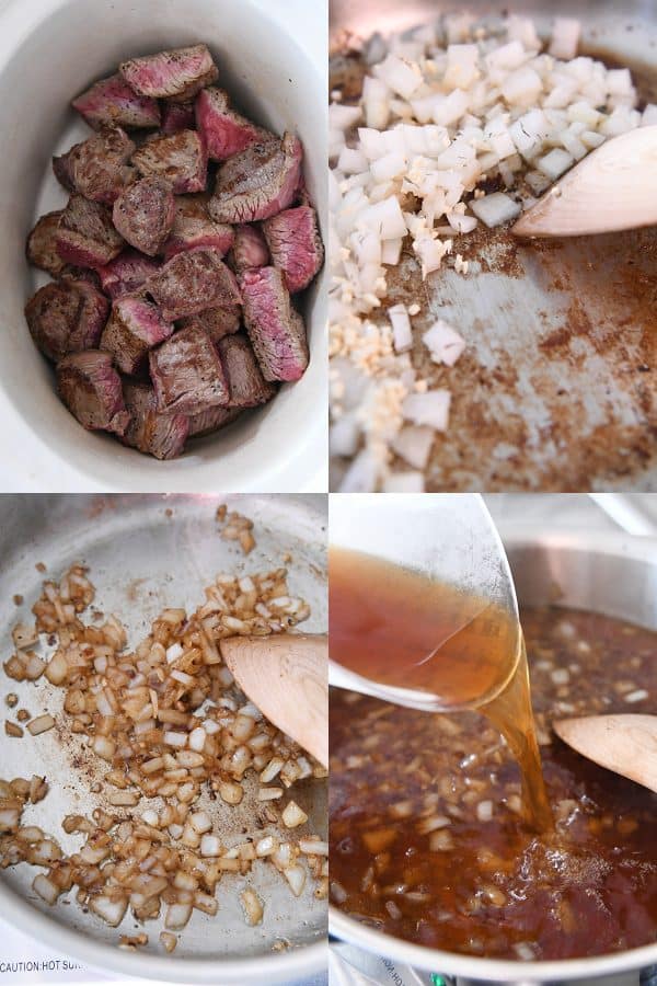Raspar las migas marrones en una sartén para cocinar las cebollas y agregar el caldo de res.