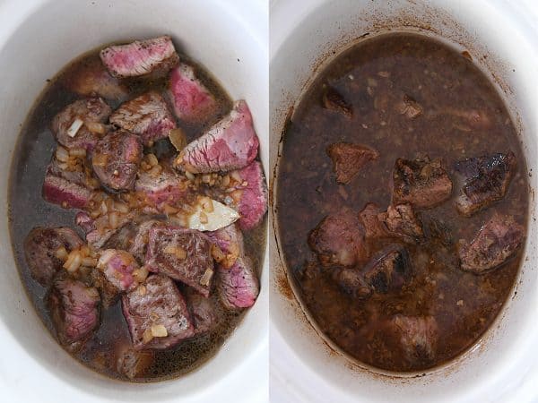 Carne de res cruda en la olla de cocción lenta y carne de res cocida en la olla de cocción lenta