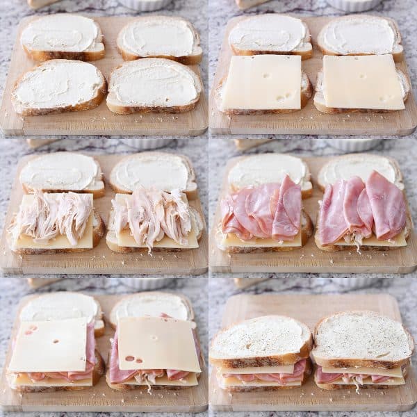 Arme un collage de fotos de panini Cordon Bleu de pollo con pan, salsa, queso, pollo y jamón.
