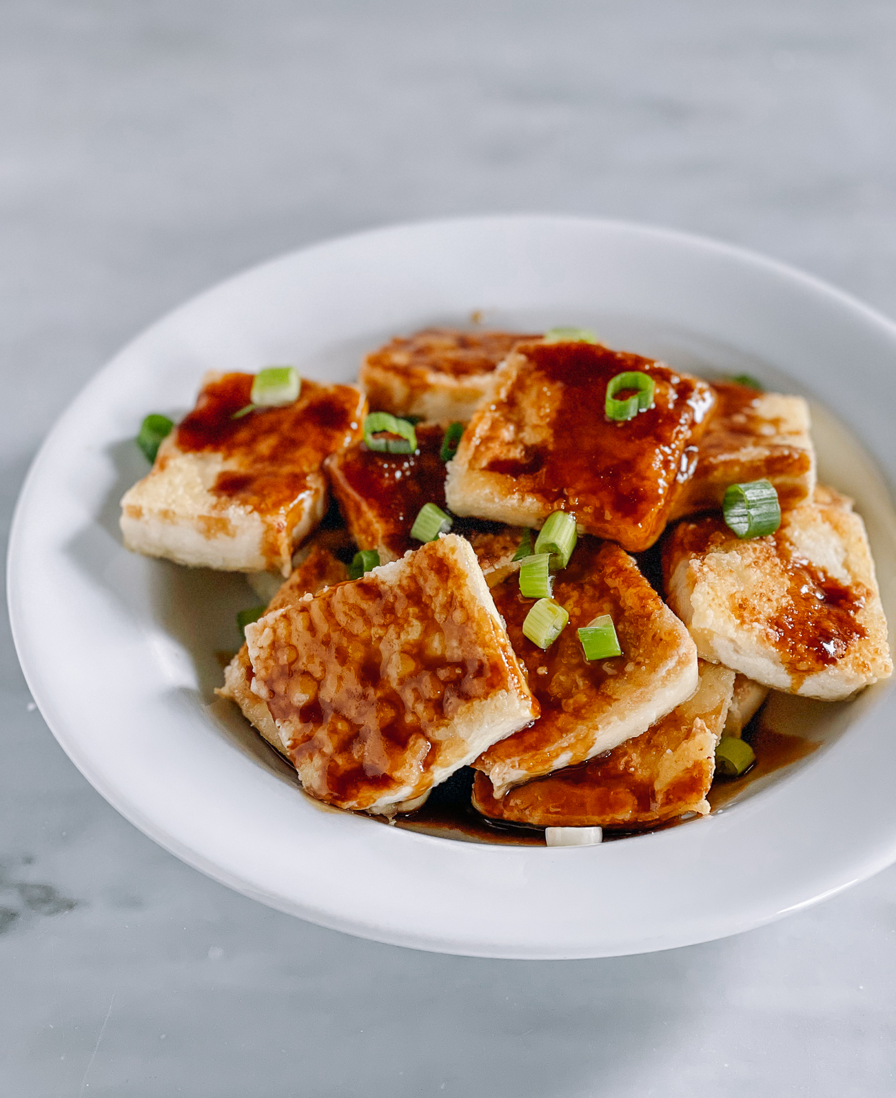Tofu crujiente con salsa y cebolletas