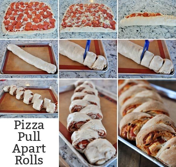 Collage de imágenes que muestra cómo montar la pizza desenrollada