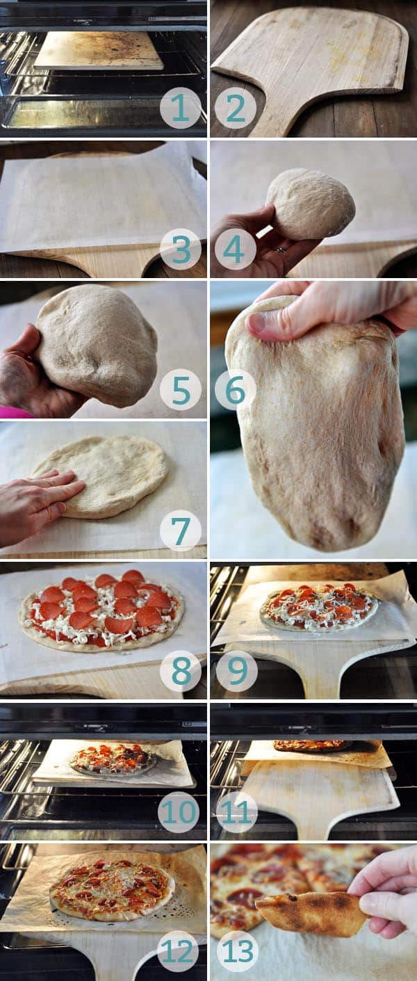 Un collage de 13 imágenes que muestran cómo empezar a hacer pizza en una piedra para pizza