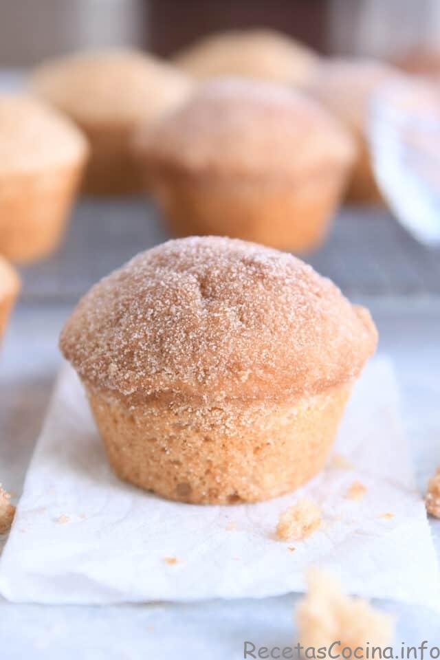Muffins de donut de azúcar y canela en una servilleta blanca con migas alrededor de la servilleta